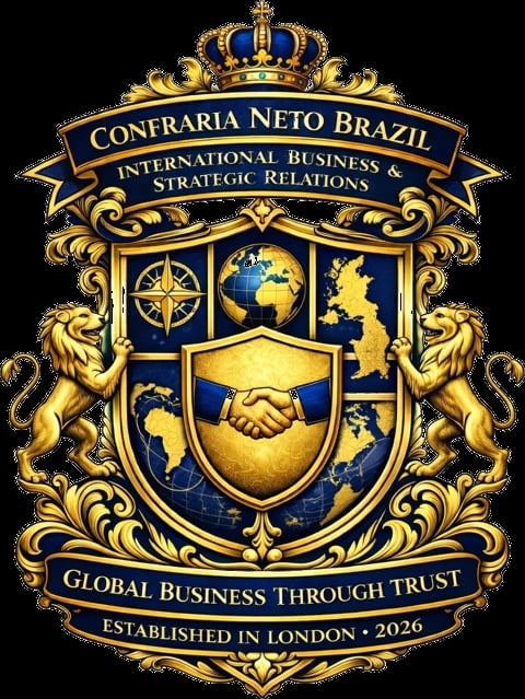 Confraria Neto Brazil coat of arms featuring golden lion supporters, world map, handshake, and crown, established London 2026