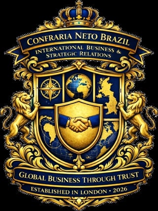 Ornate coat of arms for Confraria Neto Brazil with gold and blue shield, compass, globe, handshake, and crown emblem. Established in London 2026.