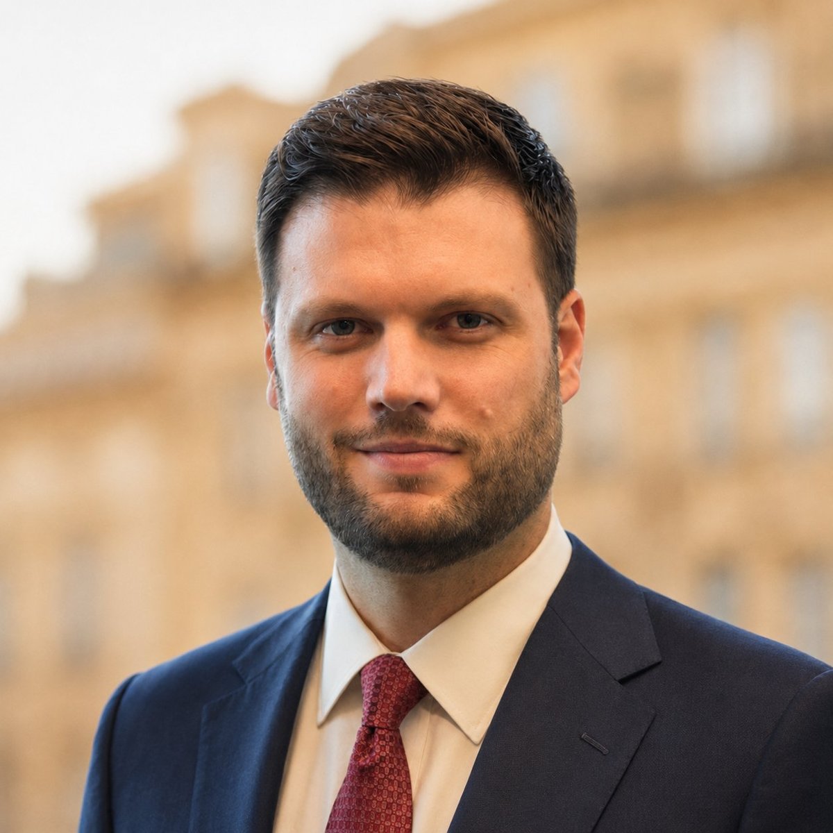 Professional headshot of a man in a dark blazer and burgundy tie against a blurred building background