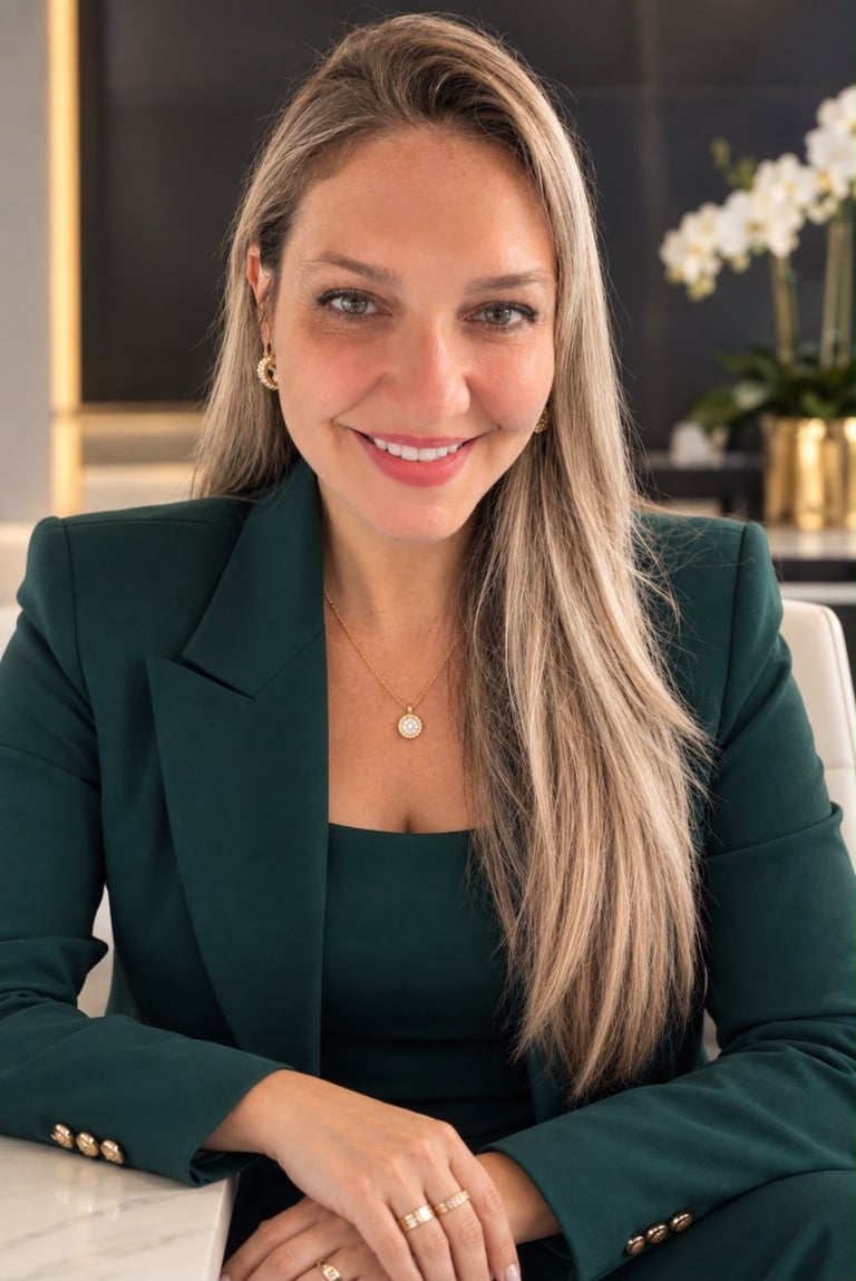 Professional headshot of a woman with long brown hair wearing a dark green blazer and pendant necklace, smiling at camera